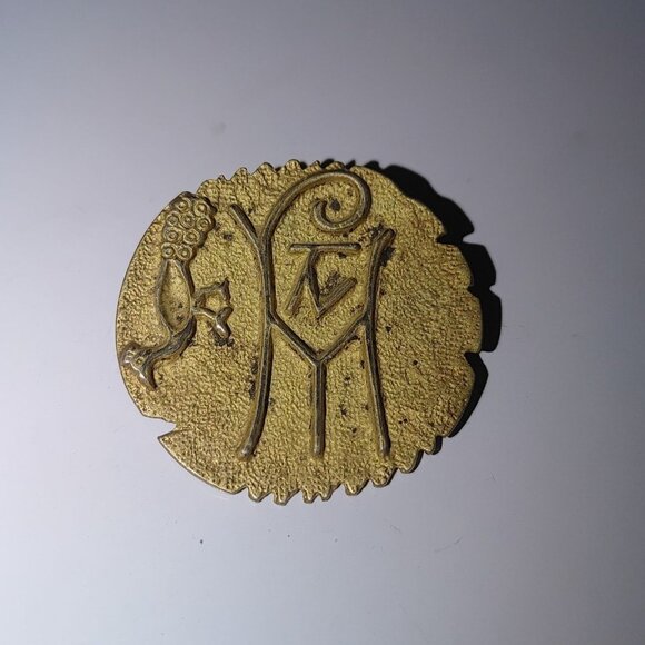 Vermeil Gold over 800 Silver Egyptian Revival Peacock Vintage Brass Pin Brooch - Picture 8 of 8
